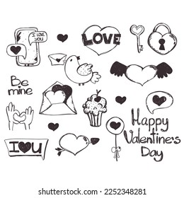 Valentines Day set love. Love clipart. Many various romantic objects. hand drawn elements about love. Hand drawn doodle Love and Feelings collection Vector illustration Sketchy