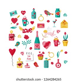 Valentines Day set with love elements for greeting cards for Valentines day. Love potion bottles, champagne, hearts, wedding rings and love letters, valentines, gems, cupid, rose. Vector illustration.