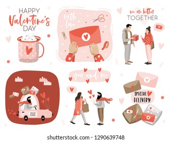 Valentines Day set with love elements, people together, heart, overlays, calligraphy, car and etc. Template for Sticker kit, Greeting, Congratulations, Invitations, Planners. Vector illustration