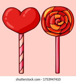  Valentine's Day set with love elements. Cute vector hand-drawn illustration isolated. red  lollypops. color sweet, 