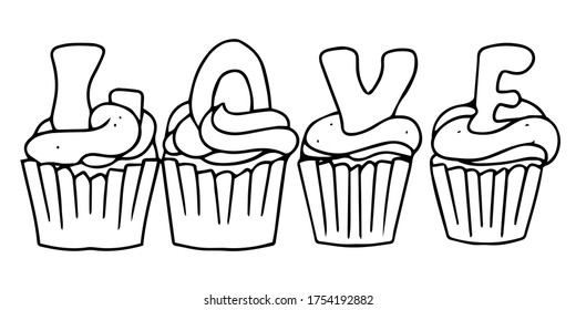 Valentine's Day set with love elements. cupcake decorated with a heart and  cream Cute vector hand-drawn illustration isolated. 