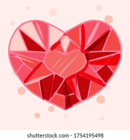 Der Valentinstag ist voller Liebeselemente. rosafarbener Kristall in Herzform. Cute Vektorgrafik, handgezeichnet, einzeln. 