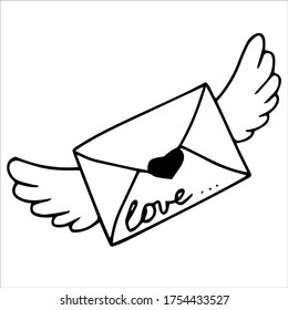 Valentine's Day set with love elements. love letter of recognition and wings. Cute vector hand-drawn illustration isolated. 