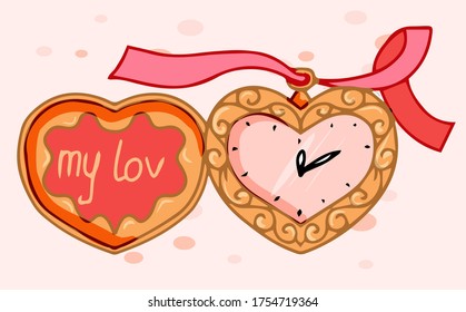 Valentine's Day set with love elements. heart shaped watch with ribbonCute vector hand-drawn illustration isolated. 