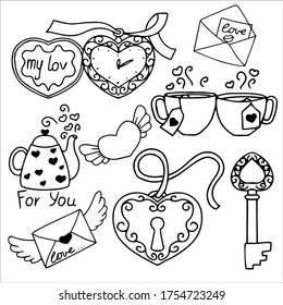 Valentine's Day set with love elements. Line, Cute vector hand-drawn illustration isolated. 
