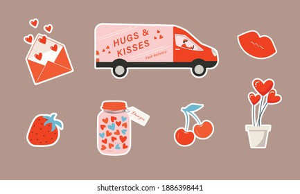 Valentinstag mit Liebe Elemente Herz, Lippenbeeren, rosafarbene Glas, Liebe Auto, Brief. Romantischer, süßer Aufkleber. Gruß, Glückwünsche, Einladungen, Planer. Vektorgrafik im Cartographie-Stil