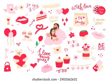 Valentines Day set with love elements. 14 february illustration