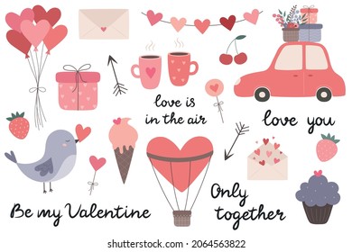 Valentine's Day set: love elements, a car with gifts, balloons, a bird holding a heart, an envelope, mugs, cupcake, ice cream. Suitable for stickers, party invitations, greeting cards, posters