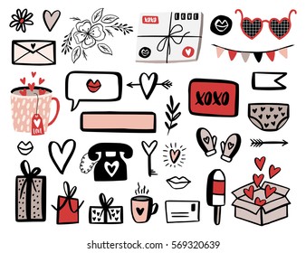 Valentines Day set with love elements, heart, overlays, speech bubbles and etc. Template for Stickers, Greeting Scrapbooking, Congratulations, Invitations, Planners. Vector illustration