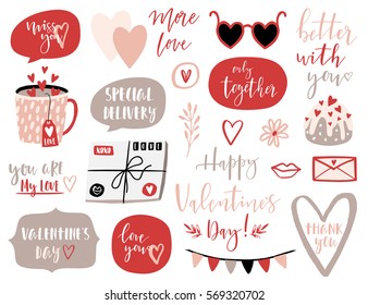 Valentines Day Set With Love Elements, Heart, Overlays, Calligraphy, Speech Bubbles And Etc. Template For Sticker Kit, Greeting, Congratulations, Invitations, Planners. Vector Illustration