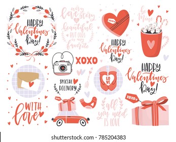 Valentines Day set with love elements, heart, overlays, calligraphy, wreath and etc. Template for Sticker kit, Greeting, Congratulations, Invitations, Planners. Vector illustration