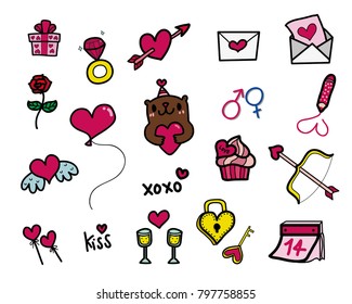 Valentines Day set with love elements, Template for Sticker kit, Greeting, Congratulations, Invitations, Planners. Vector illustration, doodle cute.