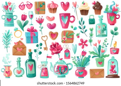 Valentine's day set.  Love holiday . Bundle of Valentines Day isolated objects in cartoon style. Vector illustration