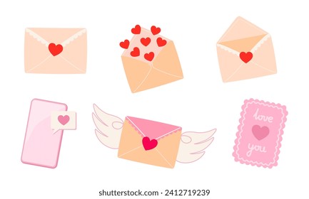 Valentine's day set of love letter envelopes, mobile phone and greeting card with heart and love message. Cartoon vector illustrations for holiday patterns, packaging, designs on white background