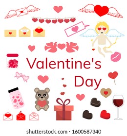 Valentine's day set : love letters and messages, decorations, garlands, doves, treats, Cupid with bow, toy bear, sponges, kisses, wine, candy, cookies, gifts, glasses pink, text isolated on white.