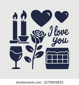 Valentines day set. Love theme simple doodle illustration for design. Wedding elements, hearts, romantic icons. 