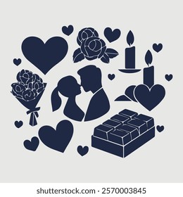 Valentines day set. Love theme simple doodle illustration for design. Wedding elements, hearts, romantic icons. 