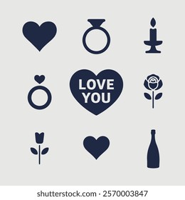 Valentines day set. Love theme simple doodle illustration for design. Wedding elements, hearts, romantic icons. 