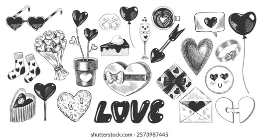 Valentines day set. Love theme sketch style illustrations. Collection of hearts, wedding elements, romantic doodles. Hand drawn gift boxes, balloons, text, sweets, love icons isolated on white