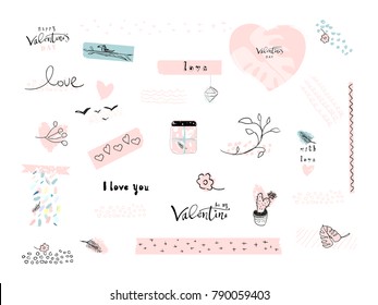 Valentine's Day Set of Lovely Abstract Hand Drawn decorative elements. Trendy doodle creative items design for greeting cards, stickers, posters, invitations, gift tags, wedding, birthday. Vector 