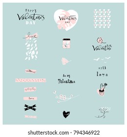 Valentine's Day Set of Lovely Abstract Hand Drawn decorative elements. Trendy doodle creative items design for greeting cards, stickers, posters, invitations, gift tags, wedding, birthday. Vector 