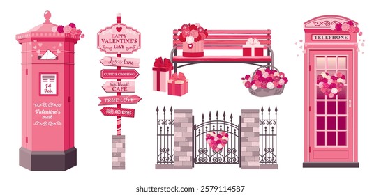 Valentine's Day set with mailbox, phone booth, bench, road sign, flower bouquets. A pointer with arrows, a mailbox with a Valentine and roses, a bench for dating. Illustrated vector clipart.