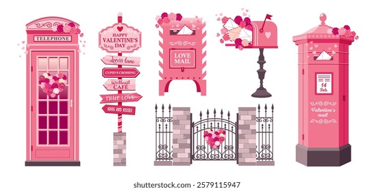 Valentine's Day set with mailbox, phone booth, road sign, roses and hearts. A pointer with arrows, a mailbox with a Valentine and roses. Illustrated vector clipart.