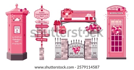 Valentine's Day set with mailbox, phone booth, bench, road sign, flower bouquets. A pointer with arrows, a mailbox with a Valentine and roses, a bench for dating. Illustrated vector clipart.