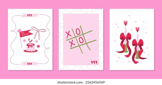 Valentine's Day сards set: modern designs with hearts, bows, candles, sweets, flags, XOXO and berries. Postcards in minimalist and hand-drawn flat styles. Vector illustration