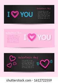 Valentine's day set of neon banners. Vector illustration. Fashionable design concept for Valentine's day greeting card sales promo text, decor and neon frame on black background. Vector illustration