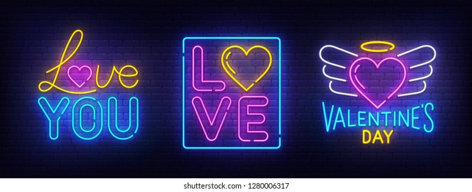 Valentines day set neon logo. I Love. Love logo, label and emblem. Neon sign, isolated sticker, bright signboard, light banner. 