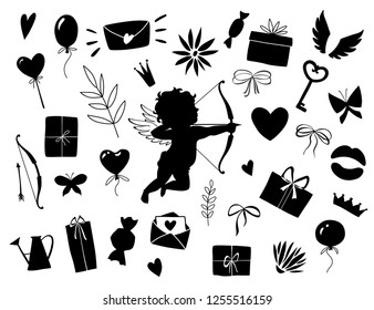 Valentines day set, objects for concept and design, vector illustration flat, black. Heart, key, bow, crown, butterfly, sweets, cupid, love letter and gifts on white background.