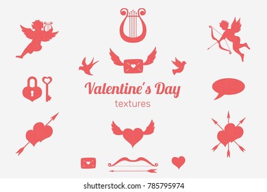 valentines day set, objects for concept and design, vector illustration flat, red, pink, angel, heart, arrows, harp, lock 