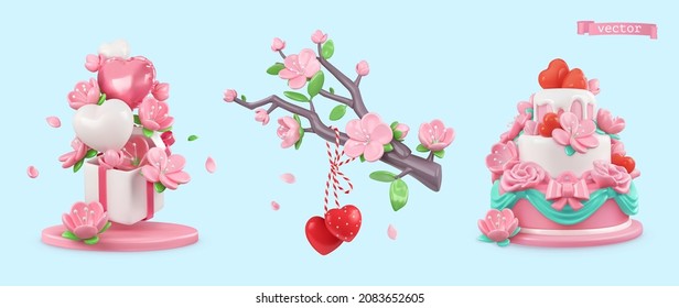 Valentines day set of objects. Heart, flowers, gift, cake. 3d realistic render vector