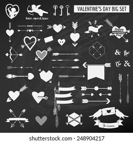 Valentine's Day Set - on chalk boarder - Hearts, Arrows, Keys, Cupids, Labels - in vector