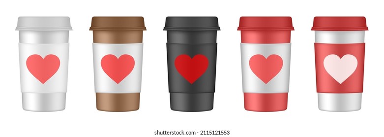 Valentine's day. Set of paper coffee cups with cupholders. Coffee to go. Take away. White paper cups, blank brown container with lid for latte, mocha or cappuccino drinks. Carton cup holder with heart