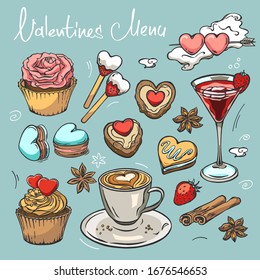 Valentine's day set with pastries, drinks and spices. Capcakes, cookies, sweets isolated on background. Sketch style.