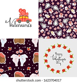 Valentine's Day set of pattern, frame and postcard. Cartoon style. Vector illustration