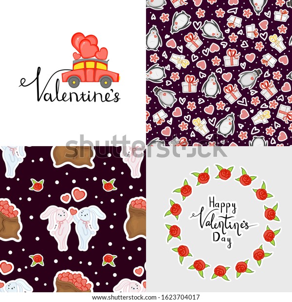 Valentine\'s Day set of pattern, frame and\
postcard. Cartoon style. Vector\
illustration
