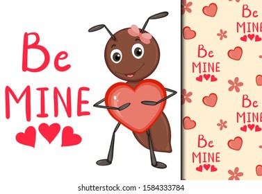 Valentine's Day set of pattern and postcard with cute ant. Cartoon style. Vector illustration