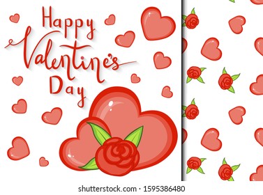 Valentine's Day set of pattern and postcard with heart and rose. Cartoon style. Vector illustration