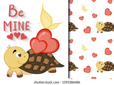 Valentine's Day set of pattern and postcard with a cute turtle. Cartoon style. Vector illustration