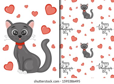 Valentine's Day set of pattern and postcard with a cute cat. Cartoon style. Vector illustration