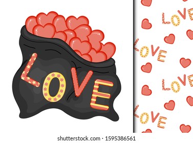 Valentine's Day set of pattern and postcard. Cartoon style. Vector illustration