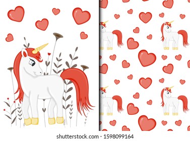 Valentine's Day set of pattern and postcard with a cute unicorn. Cartoon style. Vector illustration