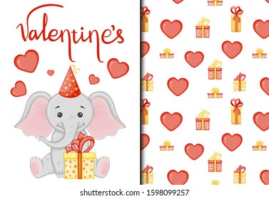 Valentine's Day set of pattern and postcard with a cute elephant. Cartoon style. Vector illustration