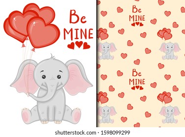 Valentine's Day set of pattern and postcard with a cute elephant. Cartoon style. Vector illustration