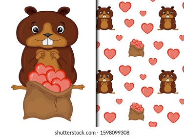 Valentine's Day set of pattern and postcard with cute beaver. Cartoon style. Vector illustration