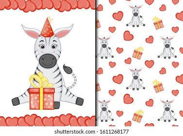 Valentine's Day set of pattern and postcard with cute zebra. Cartoon style. Vector illustration