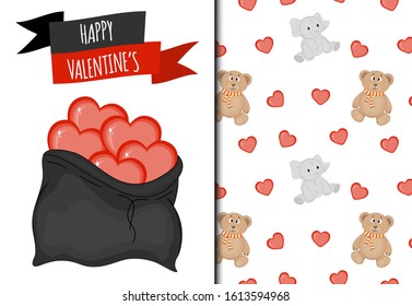 Valentine's Day set of pattern and postcard with cute animals. Cartoon style. Vector illustration